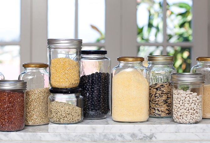 Jars of dried grains and beans