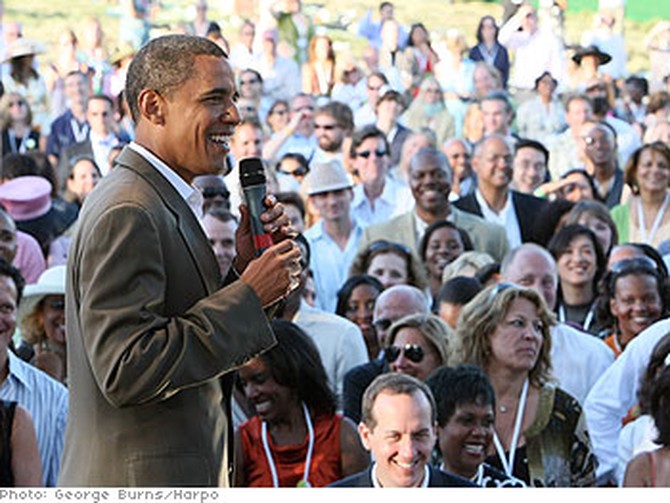 Barack Obama stands in front of 1,500 supporters at Oprah's Montecito estate.