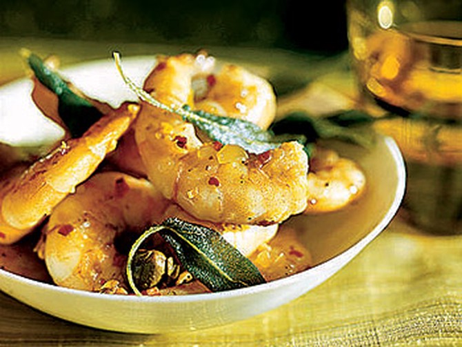 Shrimp with Meyer Lemons, Capers and Fried Sage Leaves