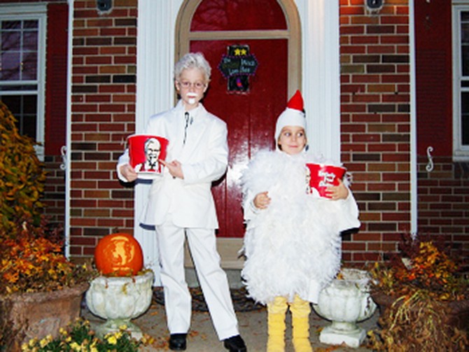 Rowena's kids dressed as a chicken and Colonel Sanders.
