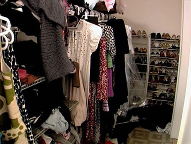 A messy clothes closet