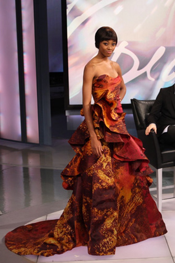 Christian Siriano shows a gown with a volcanic print.