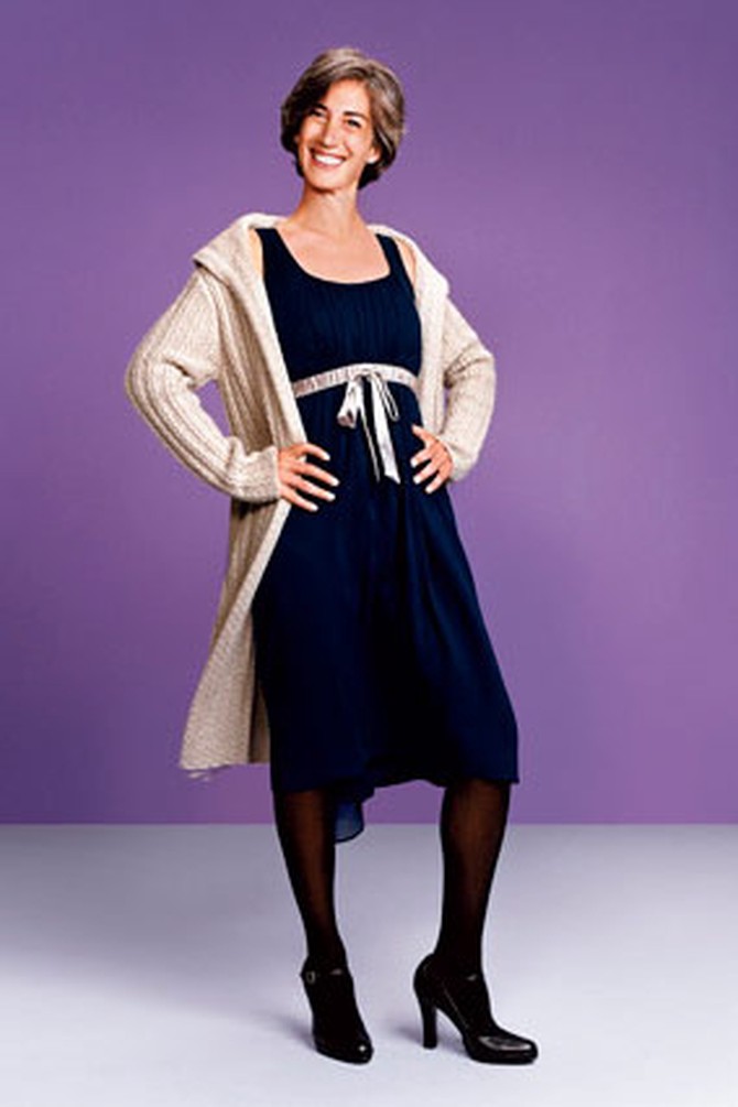 Cable-knit sweater-coat and navy tank dress