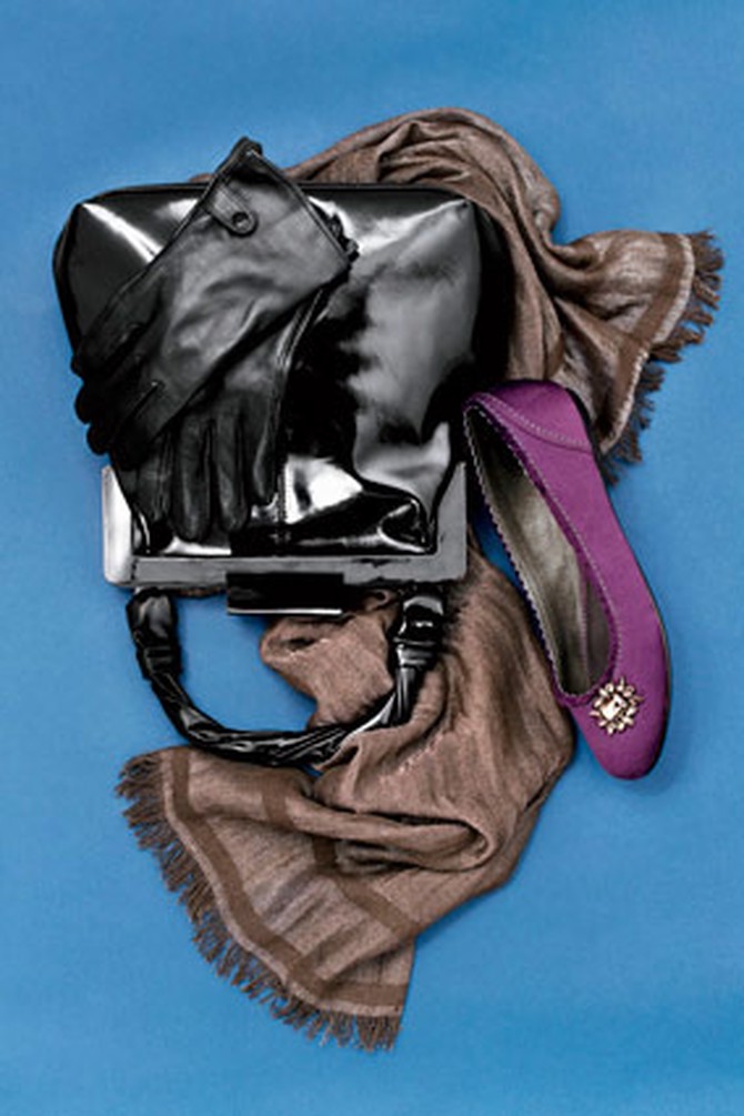 Leather gloves, frame purse, satin flats, and gauze wrap