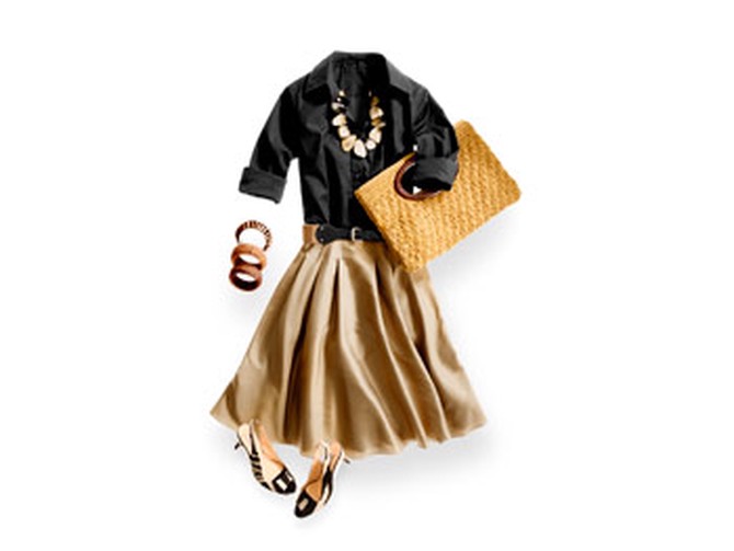 Black shirt and gold skirt