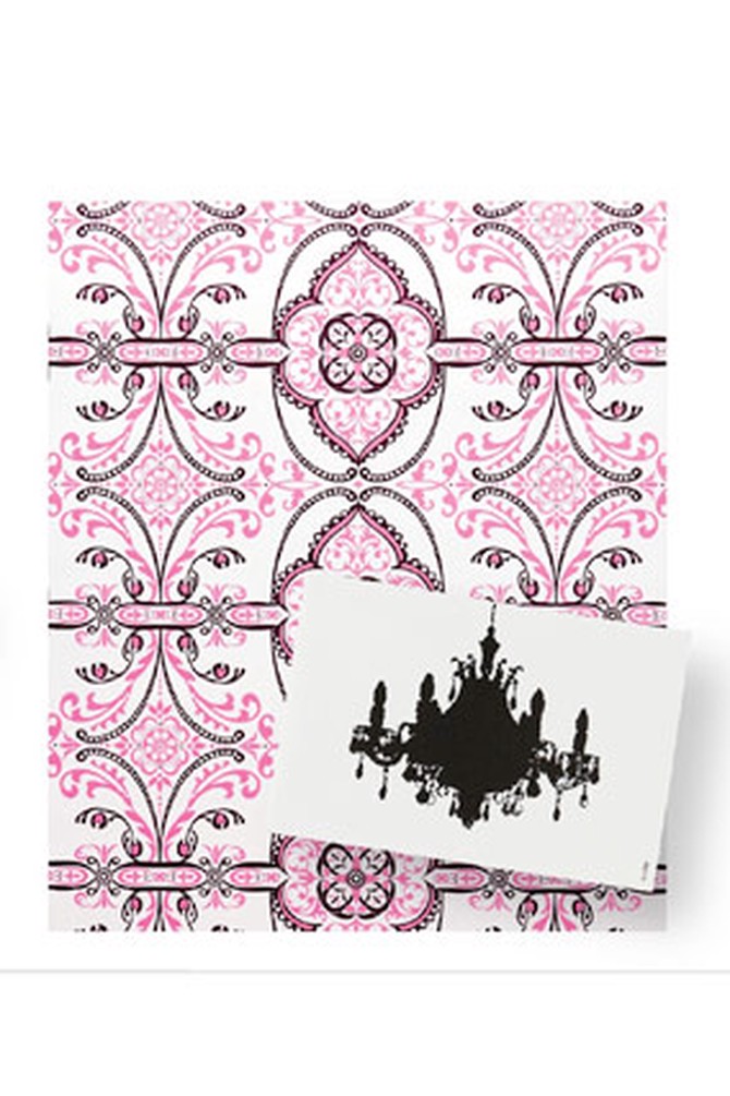 Damask wrapping paper and chandelier card