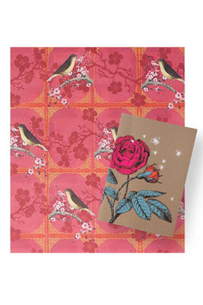 Bird and blossom wrapping paper and flower card