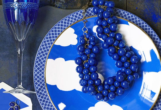 yves klein blue plate, necklace, flats, stationery, wineglass and earrings