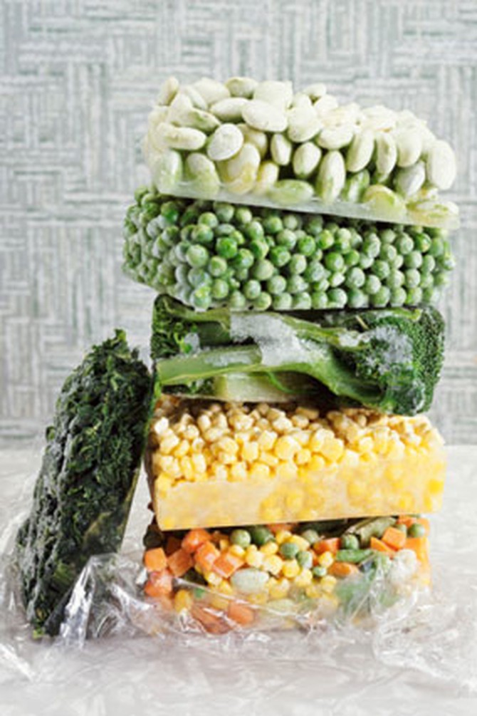 Frozen vegetables stacked in bricks