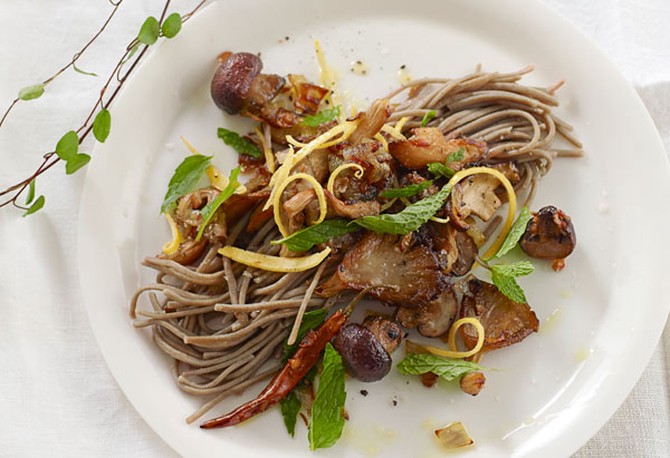 Buckwheat Soba Noodles with Sauteed Mushrooms, Shallots, and Mint