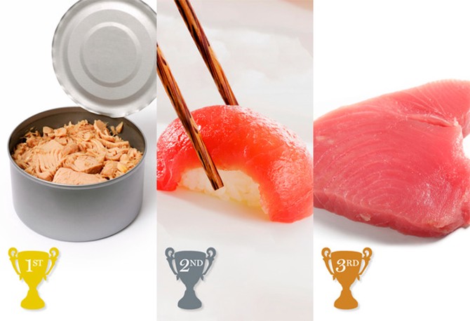 canned tuna, sushi-grade tuna, tuna steak