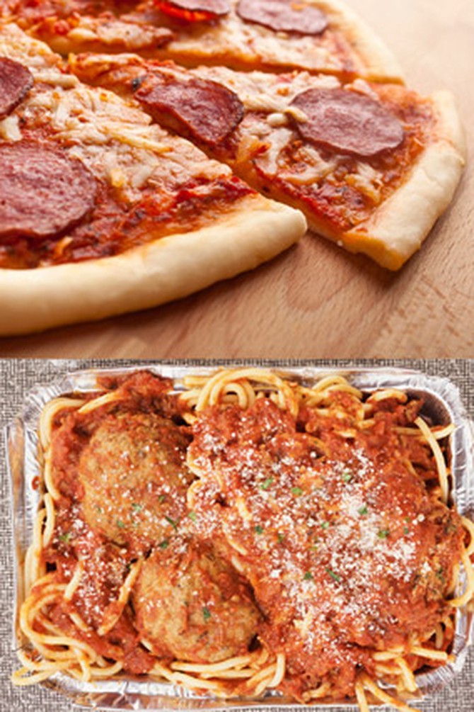 Box of pepperoni pizza and spaghetti and meatballs