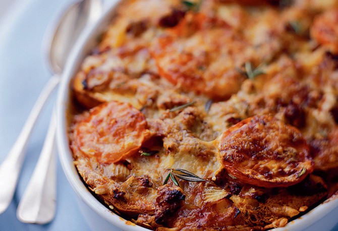 Country Strata with Sausage, Fontina Cheese and Rosemary brunch recipe