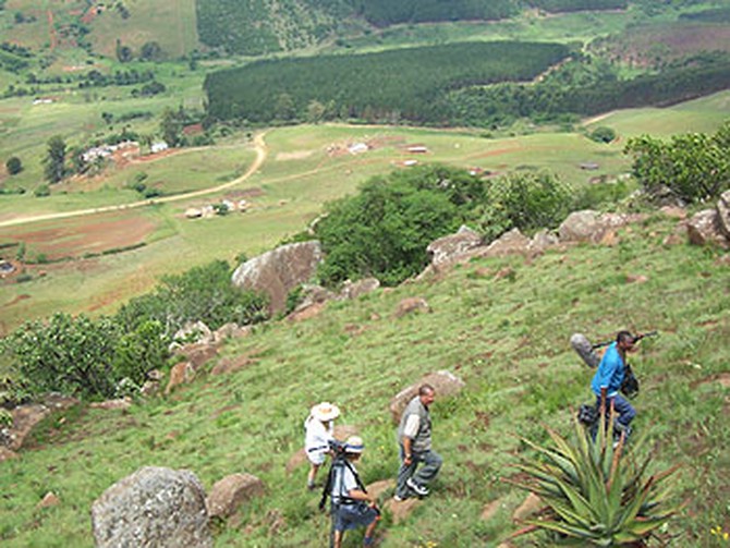 The crew hikes up Kumalo's Mountain South Africa.