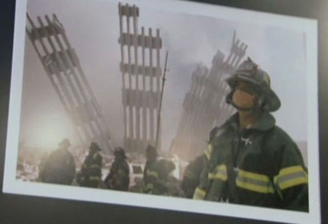 Firefighter in front of Ground Zero