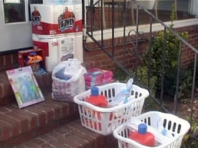 Friends and neighbors of the donors left baskets of household supplies for the two families.