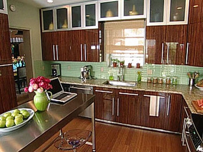 The Bassetts' zebra wood kitchen cabinets after