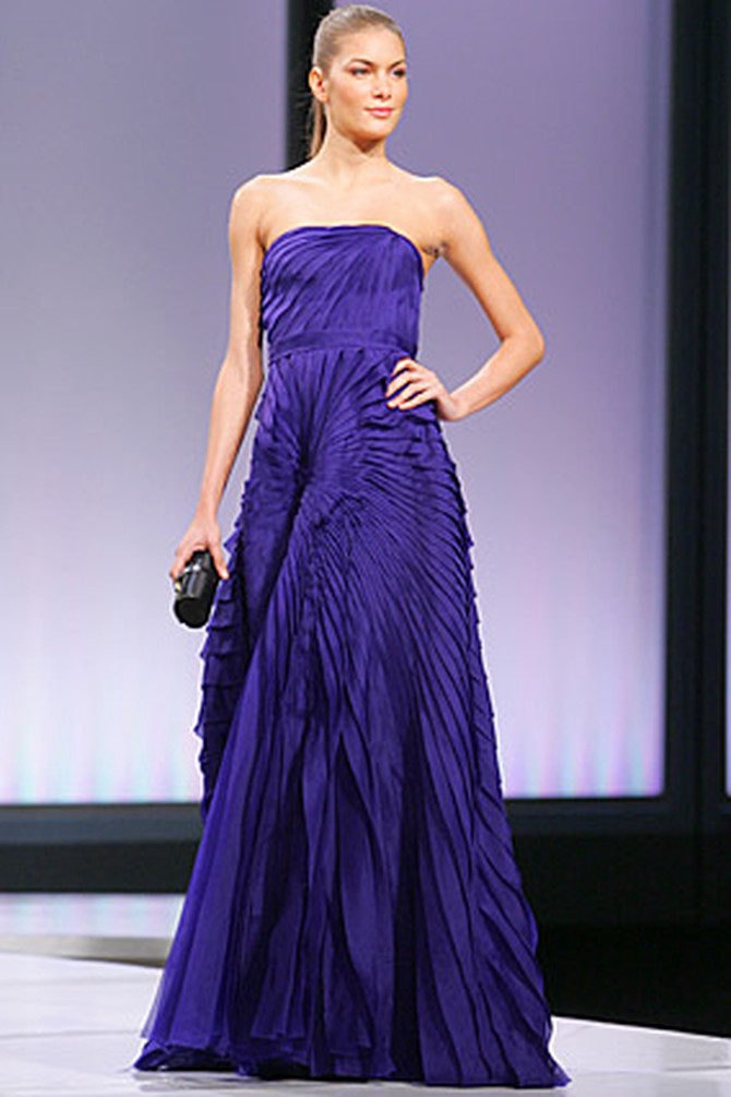 Violet strapless organza gown