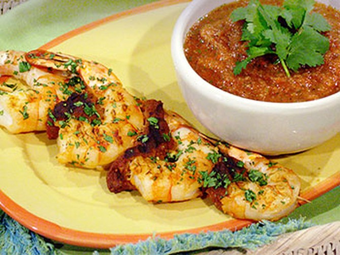 Rachael's Grilled Shrimp and Chorizo Skewers with Gazpacho