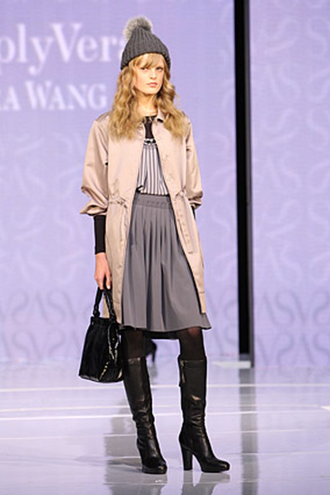 Simply Vera's silk coat and gray pleated skirt