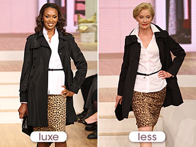 Lloyd's timeless look includes a black trench and animal print skirt.
