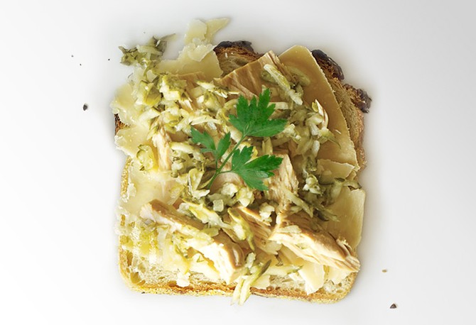 Fontina, Oil-Packed Tuna and Relish on White Grilled Cheese Sandwich