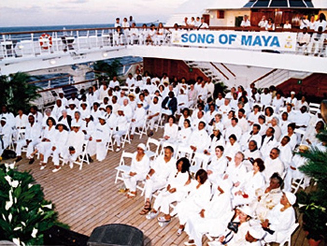 Easter service on the deck with everyone wearing white