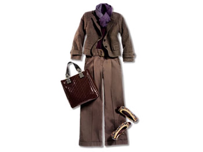 Wide-legged pants, tweed cropped blazer, patent leather and tweed flats, purple tee, and patent leather bag