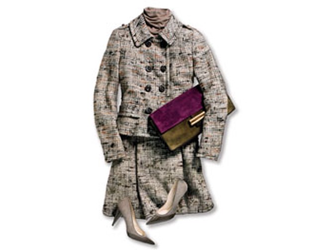 Double-breasted jacket, full skirt, purple clutch, and pumps