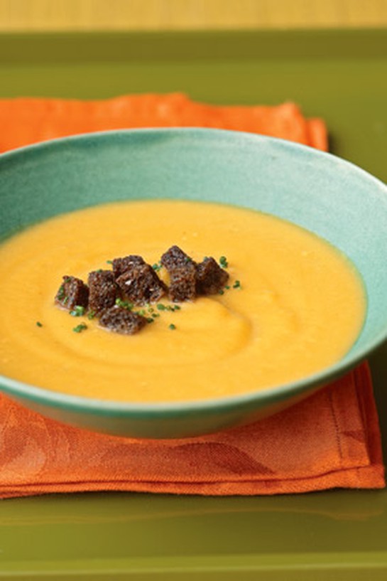Spiced Butternut Squash and Apple Soup with Maple Pumpernickel Croutons