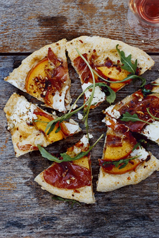 Grilled Cornmeal Flatbreads with Peaches, Serrano Ham and Spicy Greens