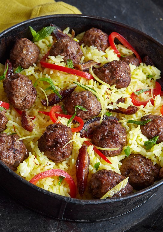Saffron Rice Pilaf with Lamb Meatballs, Red Peppers and Dates