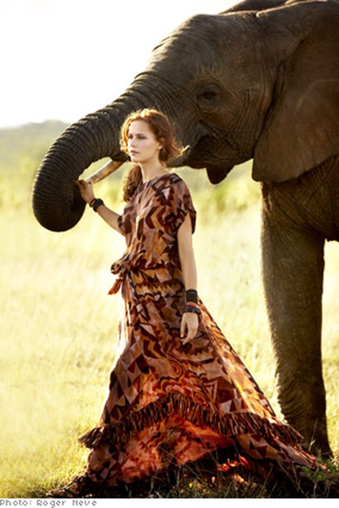 Silk Yves Saint Laurent dress on model with elephant