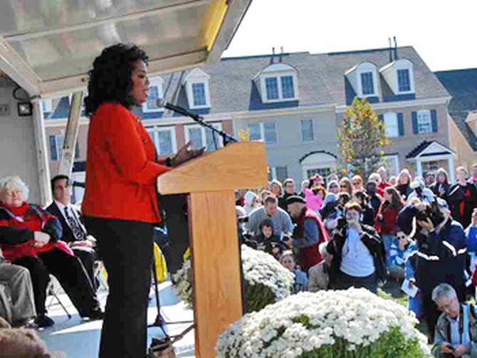 Oprah speaks at the opening of Mattie J.T. Stepanek Park in Rockville, Maryland.