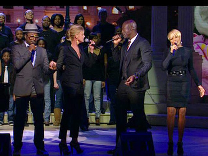 Will.i.am, Bono, Faith Hill, Mary J. Blige, David Foster and Seal perform America's Song.