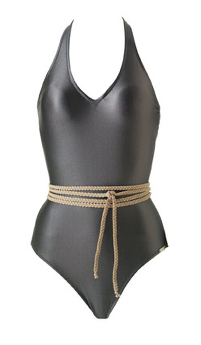 Lori Coulter belted one-piece bathing suit