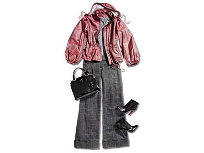 Pink anorak, tee, tweed wide-legged pants, patent leather ankle boots, and bag