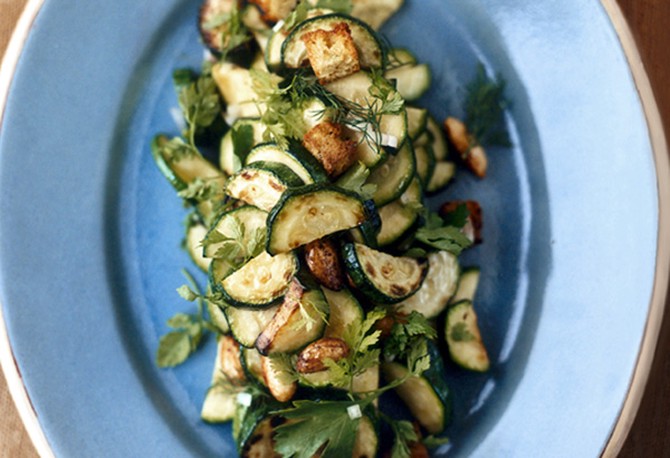 Zucchini with Roasted Almonds and Zucchini Bread Croutons side dish recipe