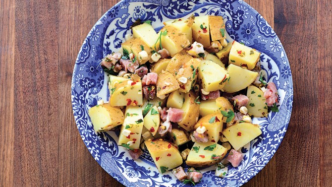Yukon Gold Potato Salad with Summer Corn, Country Ham and Garlicky Lemon Dressing