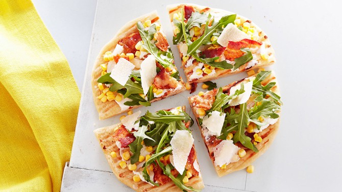 Grilled Corn and Bacon Pizzas With Baby Arugula Recipe