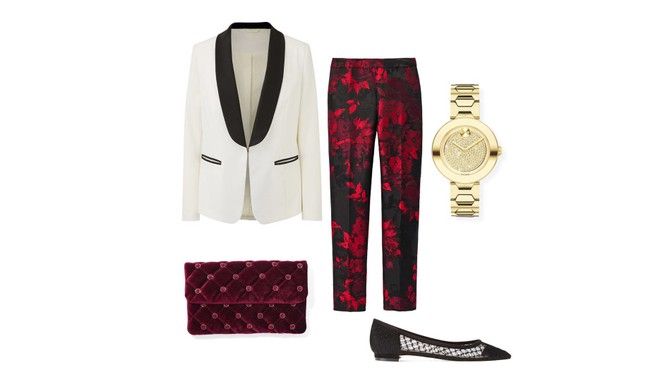 Floral print trousers and black-and-white blazer holiday outfit