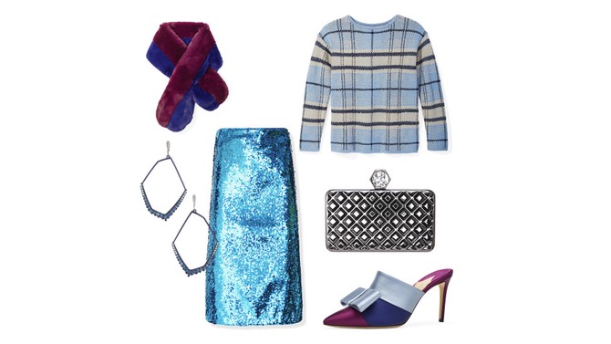 Blue sequined dress and plaid sweater holiday outfit