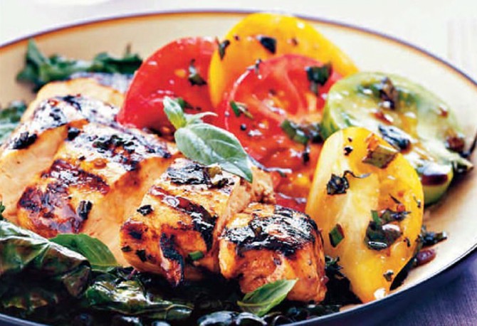Basil Chicken with Grilled Kale and Heirloom Tomatoes