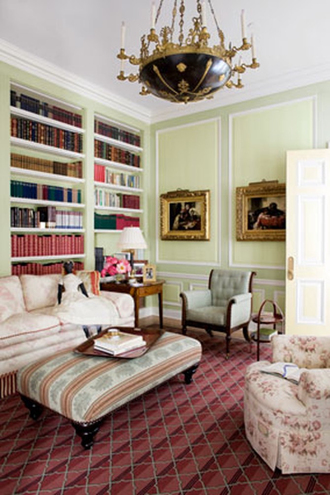 Pale green library at Oprah's home with pink and red carpet