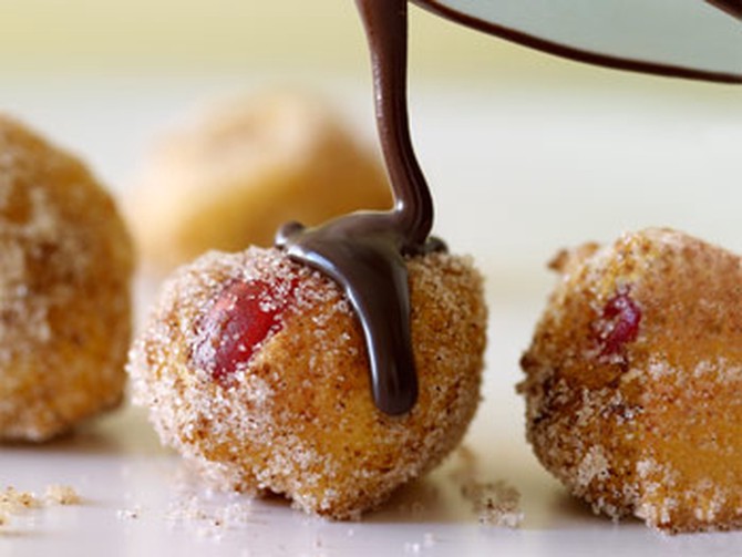 Cherry-Ricotta Doughnut Holes with Chocolate Sauce