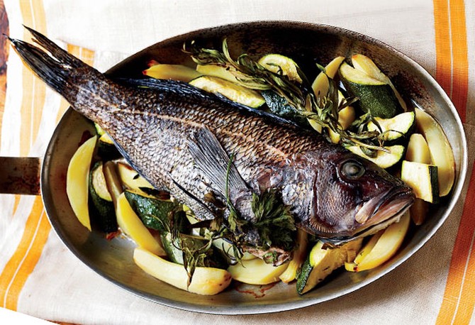 Baked Bass with Fingerlings and Zucchini