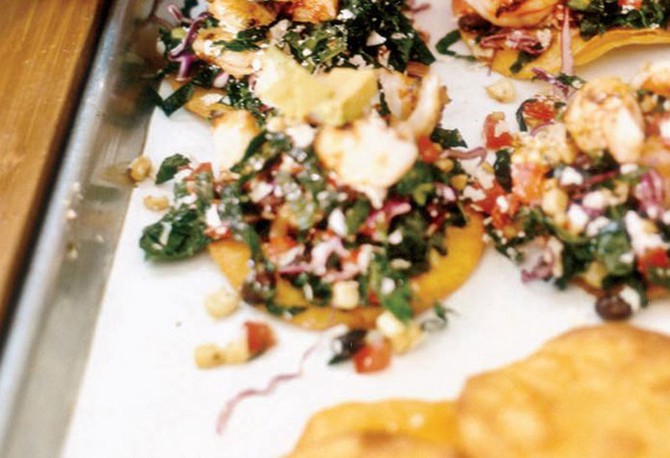 Cavalo Nero and Red Cabbage Tostadas with Spicy  Shrimp