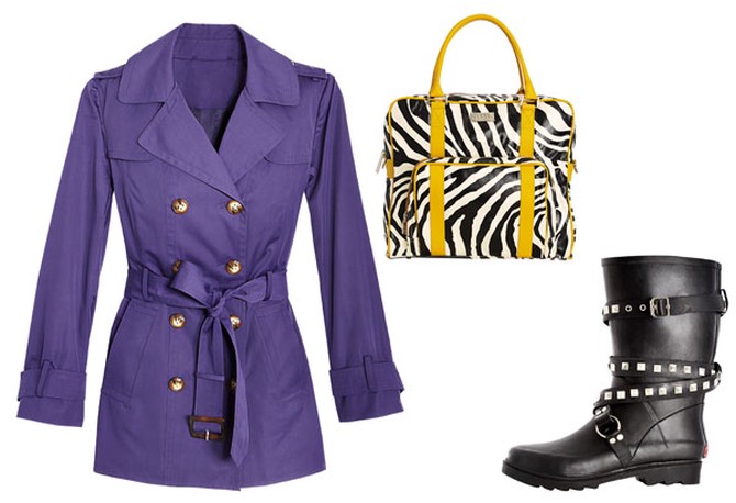 purple trench, zebra-print bag, studded rubber boots