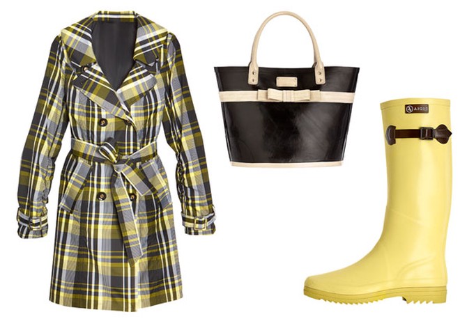 plaid trench, rubber tote, yellow boots