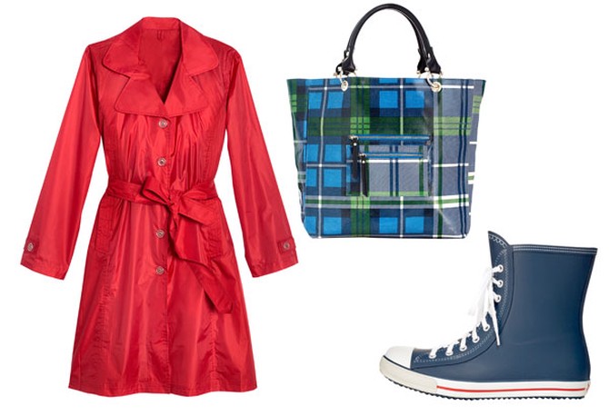 red trench, plaid canvas tote, sneaker galoshes